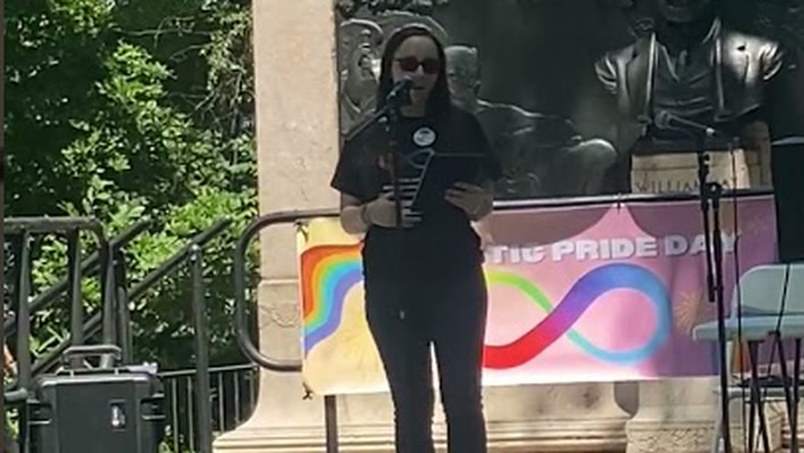 Juliette Gudknecht speaking at Autistic Pride Day 2024 in Brooklyn, New York